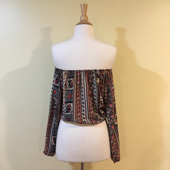 Boho Off Shoulder Floral Striped Cropped Tie Front Blouse - Picture 7 of 7